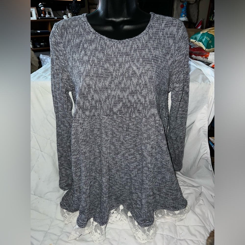 Umgee Baby Doll Long Sleeve Waffle Knit Lace Edge Top